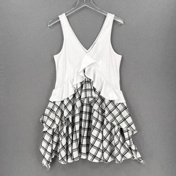 OPENING CEREMONY Dress Womens Small White Black Sleeve Plaid Ruffle Skater NWT - Picture 2 of 16
